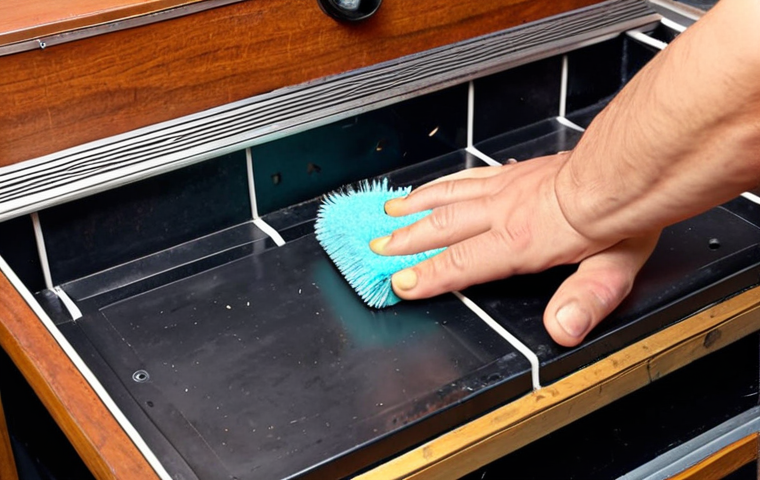 **A person carefully cleaning the inside of an old Dendy console with a soft brush, removing dust.**
