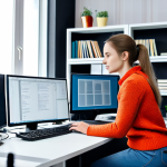 **

A professional female programmer working at her desk in a brightly lit, modern office in Moscow. She's wearing a stylish, fully clothed business casual outfit – perhaps a sweater and slacks. The desk has multiple monitors, a keyboard, and a cup of coffee. Bookshelves filled with technical manuals line the wall behind her. Safe for work, appropriate content, fully clothed, professional, perfect anatomy, correct proportions, well-formed hands, natural lighting.

**