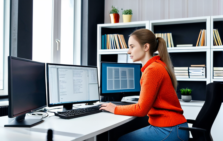 **

A professional female programmer working at her desk in a brightly lit, modern office in Moscow. She's wearing a stylish, fully clothed business casual outfit – perhaps a sweater and slacks. The desk has multiple monitors, a keyboard, and a cup of coffee. Bookshelves filled with technical manuals line the wall behind her. Safe for work, appropriate content, fully clothed, professional, perfect anatomy, correct proportions, well-formed hands, natural lighting.

**