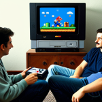 Super Mario World Nostalgia**

"A group of friends, fully clothed in casual attire, gathered around an old SNES console, playing Super Mario World on a CRT television. The room is lit warmly, showcasing the pixelated graphics on the screen. Safe for work, appropriate content, family-friendly scene. Perfect anatomy, correct proportions, natural pose, professional photography, high quality."

**