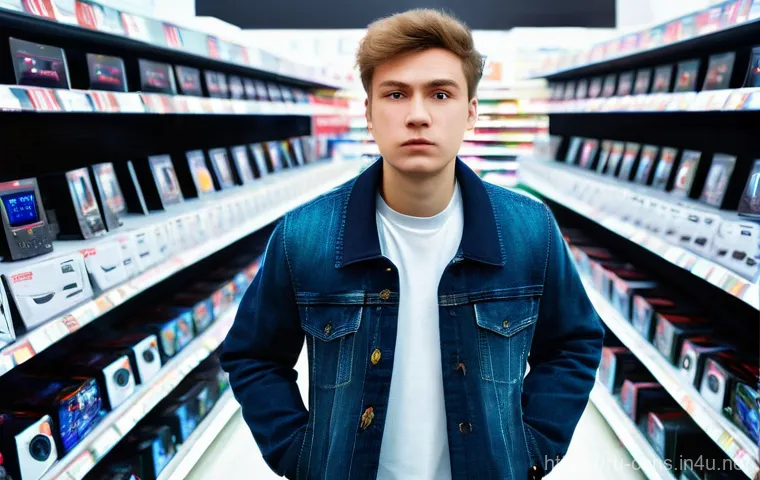 비디오게임기의 가격 변천사 - **Prompt:** "A frustrated young Russian man in his late 20s stands in a modern electronics store ais...