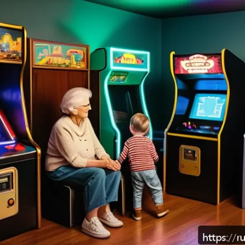 Home 31 클래식 아케이드 게임기의 특징 - A cozy family scene in a retro arcade room featuring pixelated classic arcade machines with glowing ...