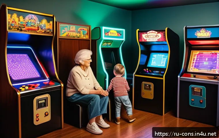 클래식 아케이드 게임기의 특징 - A cozy family scene in a retro arcade room featuring pixelated classic arcade machines with glowing ...