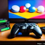 Home 23 세가 게임기 액세서리 리뷰 - A modern wireless Sega controller resting on a sleek wooden gaming desk, surrounded by retro Sega ca...
