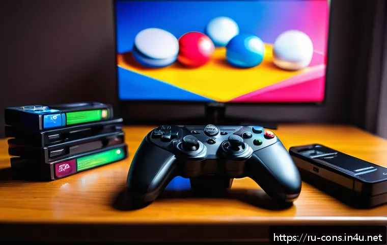 세가 게임기 액세서리 리뷰 - A modern wireless Sega controller resting on a sleek wooden gaming desk, surrounded by retro Sega ca...