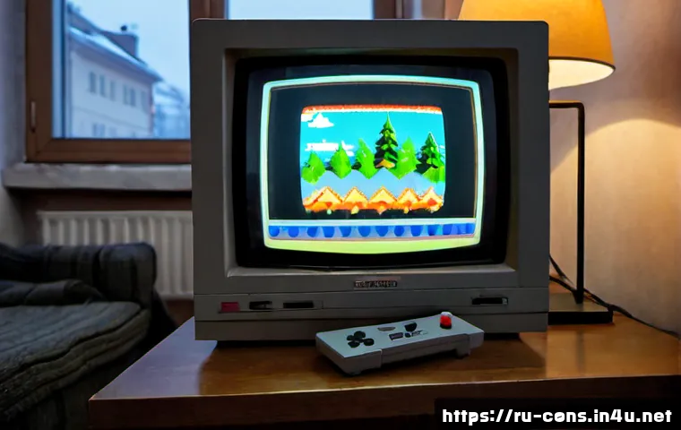 NES  패미컴  게임 음악의 매력 - Photorealistic cozy evening in a modest Russian apartment, a classic gray 1980s home video game cons...